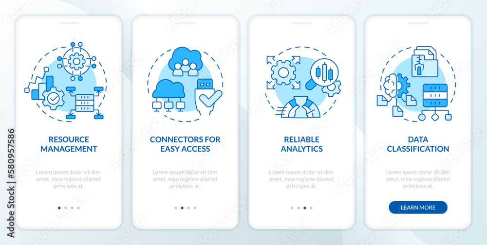 Data lake architecture blue onboarding mobile app screen. Walkthrough 4 steps editable graphic instructions with linear concepts. UI, UX, GUI template. Myriad Pro-Bold, Regular fonts used