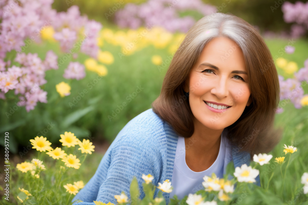 Portrait of an attractive elegant senior woman relaxing in a flowered garden. Generative ai Portrait of an attractive elegant senior woman relaxing in a flowered garden. Generative ai