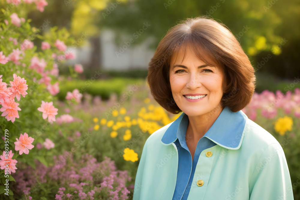 Portrait of an attractive elegant senior woman relaxing in a flowered garden. Generative ai Portrait of an attractive elegant senior woman relaxing in a flowered garden. Generative ai