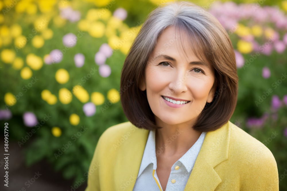 Portrait of an attractive elegant senior woman relaxing in a flowered garden. Generative ai Portrait of an attractive elegant senior woman relaxing in a flowered garden. Generative ai