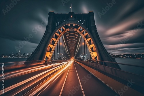  Majestic Sydney Harbour Bridge Illuminated by Cars, AI Generated © Digital Dreamscape