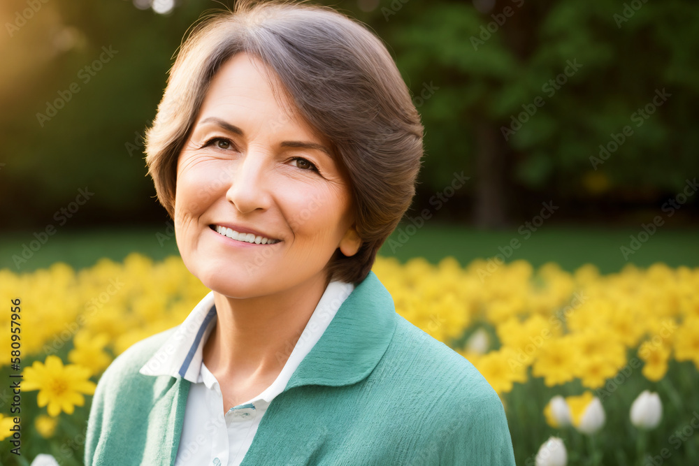Portrait of an attractive elegant senior woman relaxing in a flowered garden. Generative ai Portrait of an attractive elegant senior woman relaxing in a flowered garden. Generative ai