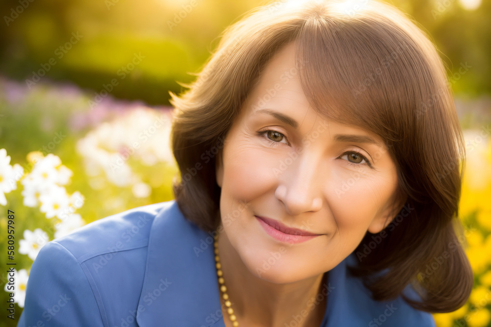 Portrait of an attractive elegant senior woman relaxing in a flowered garden. Generative ai Portrait of an attractive elegant senior woman relaxing in a flowered garden. Generative ai