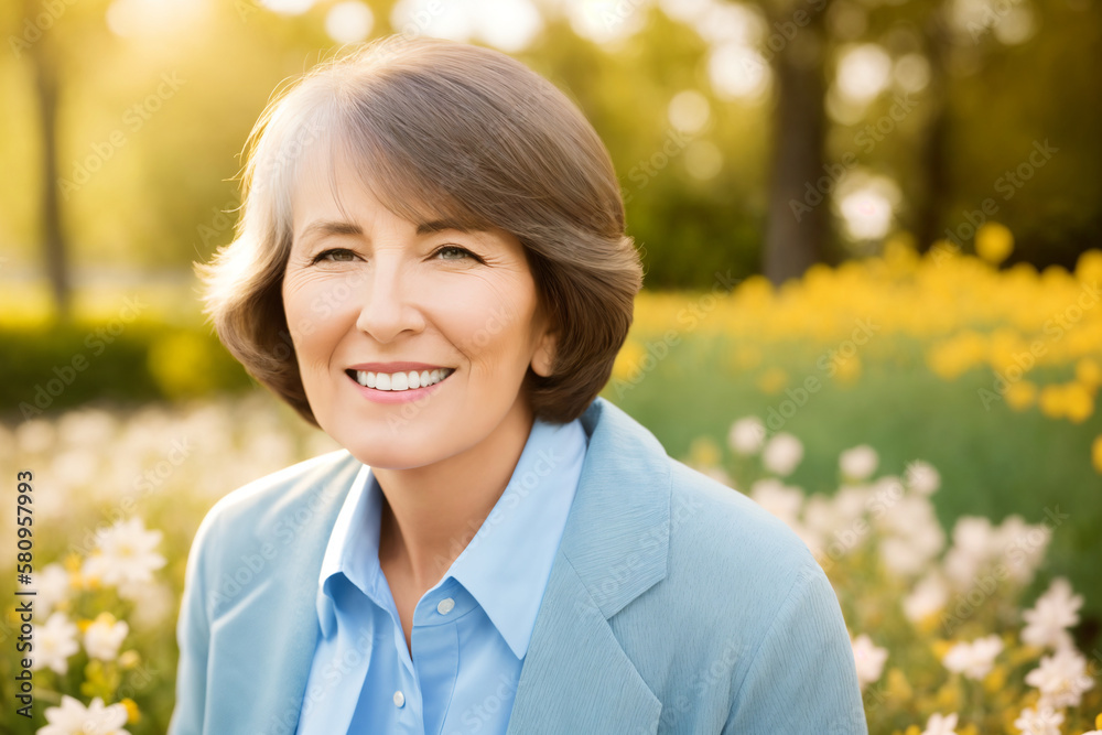 Portrait of an attractive elegant senior woman relaxing in a flowered garden. Generative ai