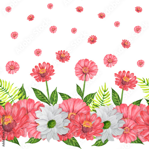 Hand drawn watercolor seamless pattern with zinnia  garden mum and fern. An illustration for printing  textile design  etc.