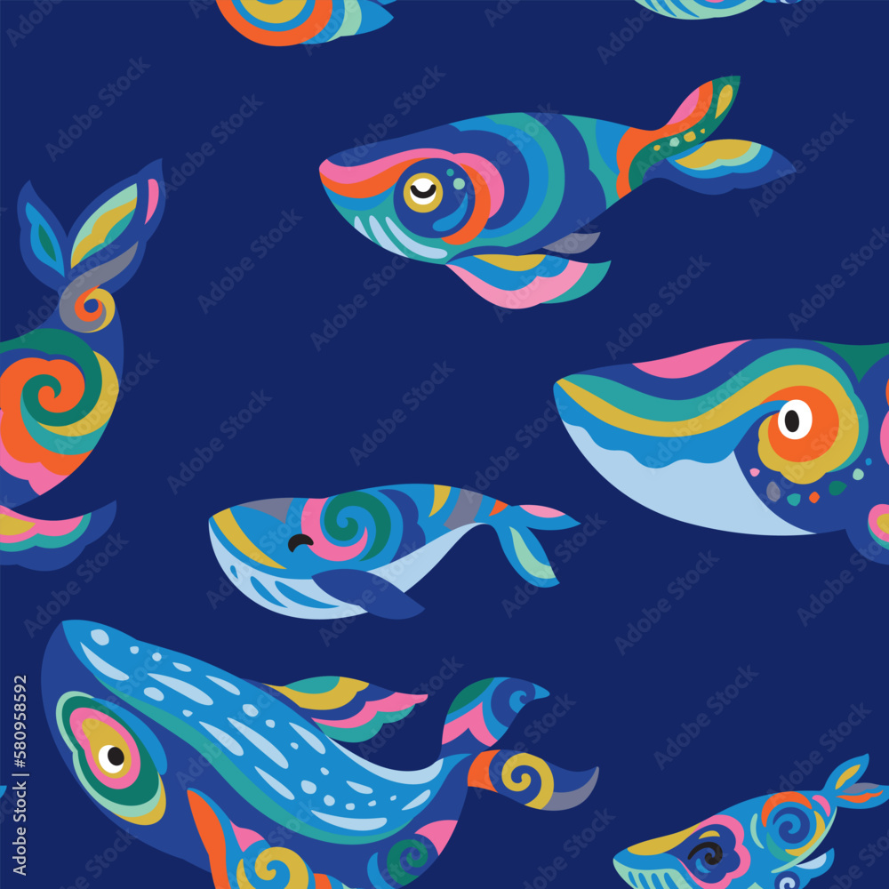 Seamless pattern with bright whales with folk ornaments inside