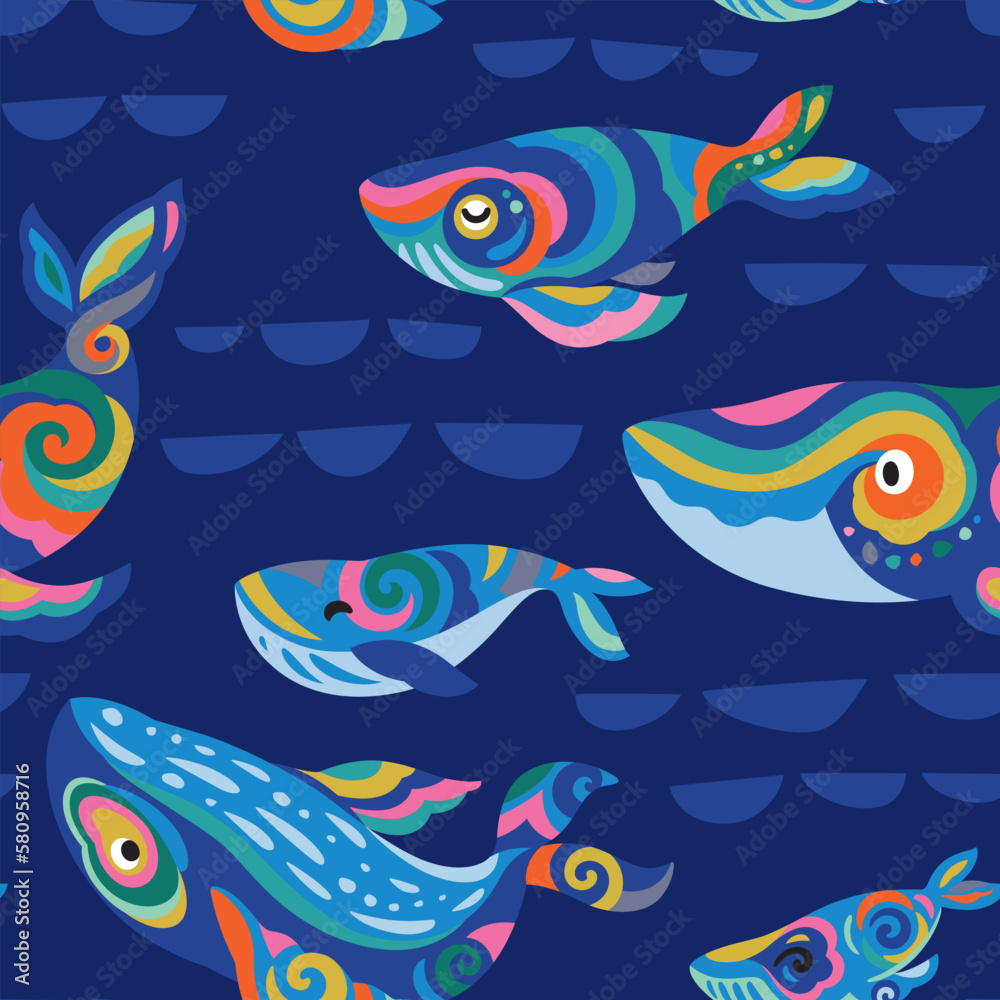 Cute seamless pattern with bright rainbow whales with folk ornaments inside 