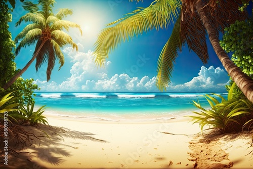 Paradise a palm lined, sunny beach with a clear sea. Concept of a tropical beach and summer vacation. Generative AI