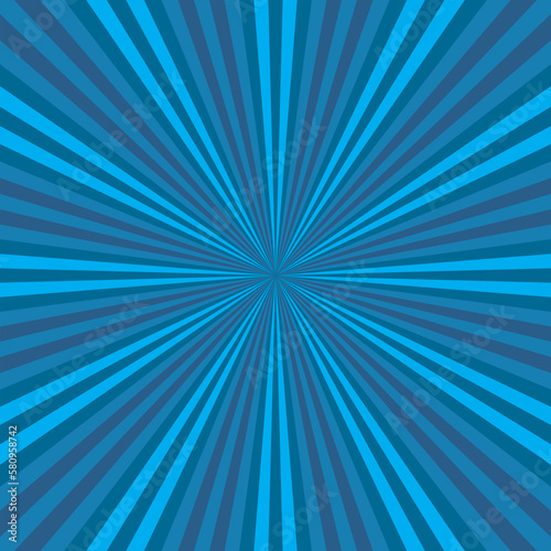Abstract explosion background in gradient blue color. Sun glare effect radiates. Sunlight sparkle pattern. Radial rays vector illustration. Narrow beam. For backgrounds, posters, banners and covers.