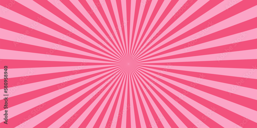 Fototapeta premium Abstract explosion background in gradient pink color. Sun glare effect radiates. Sunlight sparkle pattern. Radial rays vector illustration. Narrow beam. For backgrounds, posters, banners and covers.