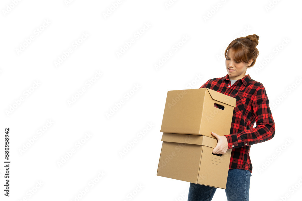 Concept of move with young woman, isolated on white background Concept of move with young woman, isolated on white background