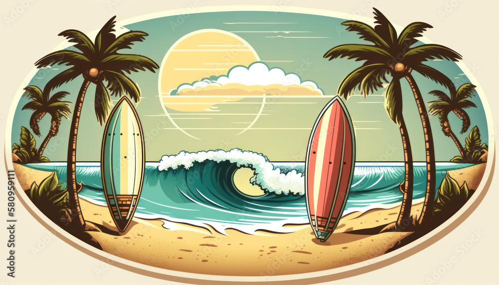 Surfboard on tropical beach abstract background. Graphic illustration design. Generative ai