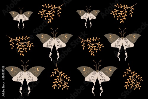 Seamless pattern with moths and branches with golden leaves