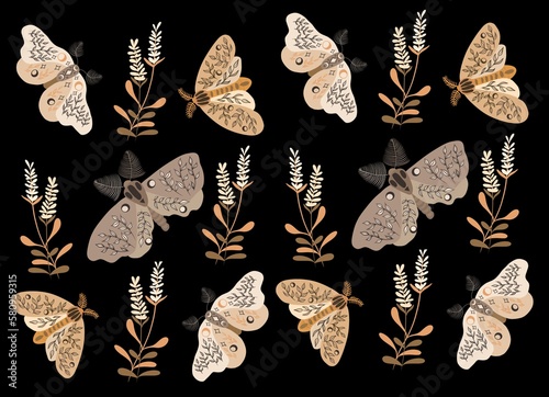 Seamless pattern with moths and flowers on black background