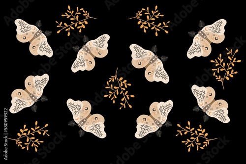 Seamless pattern with moths and golden branches with leaves