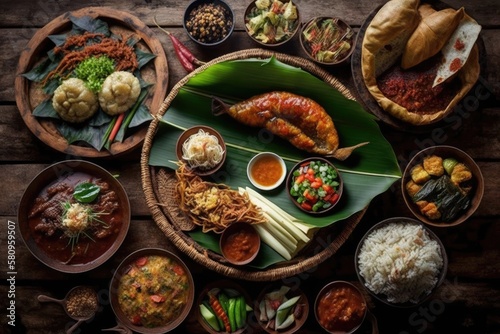 Many different indonesian food dishes. Various indonesian bali food. Generative AI
