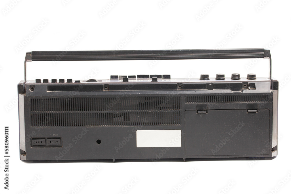 Retro portable stereo radio cassette recorder isolated on white. Retro portable stereo radio cassette recorder isolated on white.