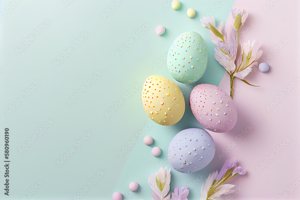 Delicate Easter background, spring concept. Colorful pastel eggs, postcard, background for Easter. easter eggs and delicate pink flowers are laid out on a pastel background. Generative AI Delicate Easter background, spring concept. Colorful pastel eggs, postcard, background for Easter. easter eggs and delicate pink flowers are laid out on a pastel background. Generative AI
