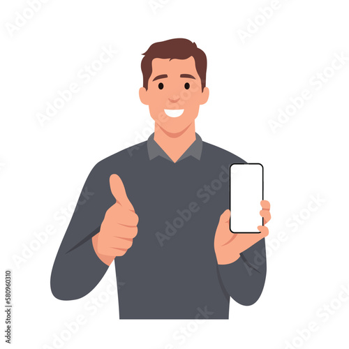 Happy young man showing smartphone and showing thumbs up or like sign. Mobile phone technology concept