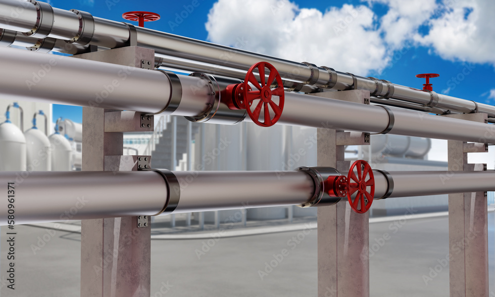 Pipes of petrochemical factory. Steel pipeline near plant. Metal pipes with regulatory valves. Petrochemical equipment under blue sky. Export of petrochemical products. Import for pipes. 3d image