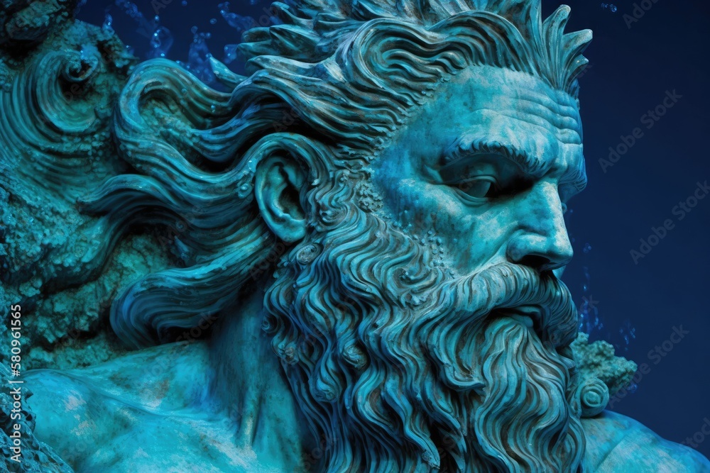 Neptune (Poseidon), a powerful god of the sea and the oceans, is depicted in fragment form against a blue background. Generative AI - obrazy, fototapety, plakaty 