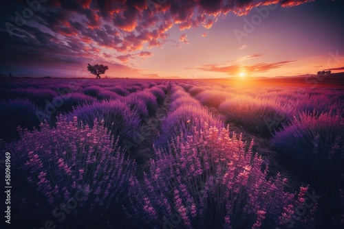 sunset in a field of lavender. Generative AI