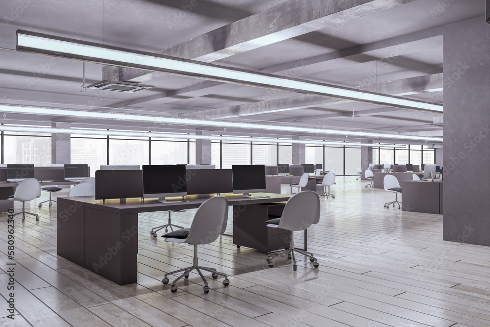 Modern light coworking office interior with furniture, equipment and other items. Workplace and commercial space concept. 3D Rendering.