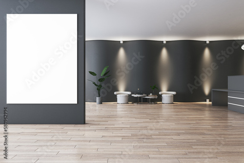 Fototapeta Naklejka Na Ścianę i Meble -  Front view on blank white poster with place for your advertising on black partition in spacious reception hall with dark wall background, stylish furniture on wooden floor. 3D rendering, mockup