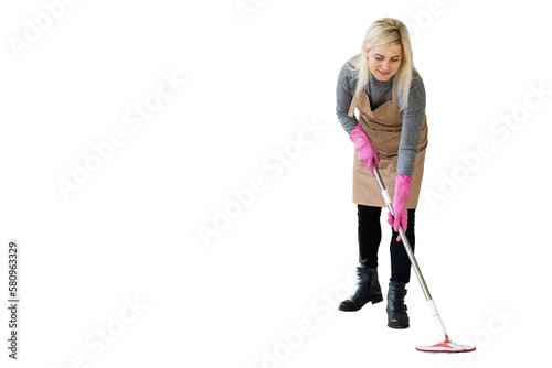 Young woman holding cleaning tools, isolated on white