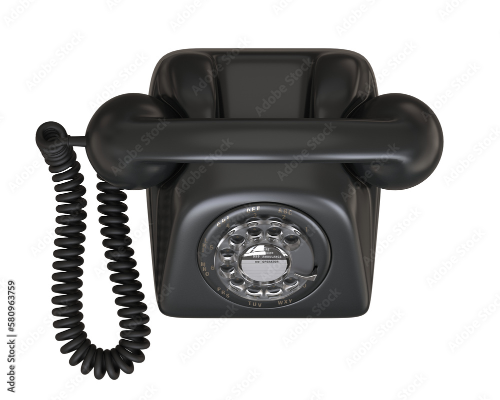 Vintage telephone top view. Old telephone with rotary dial isolated