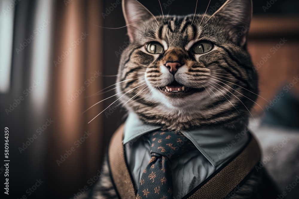 Smiling cat in a business suit on gradient background. Generative AI