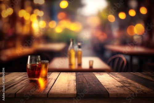 Wooden table with a view of blurred beverages bar backdrop