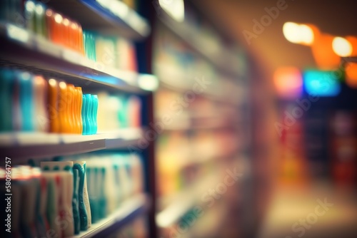 Blurred Background Abstract Bokeh Shelving unit in Shopping store supermarket look at the lights.