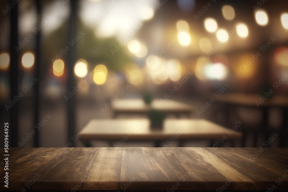 Empty light wood table top with blurred in coffee shop background