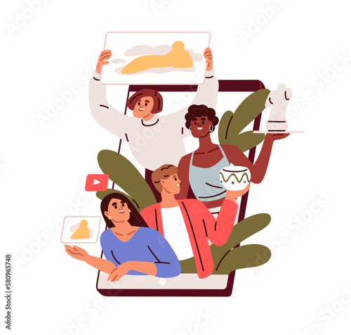 Promoting, selling art and craft online in social media concept. Artists, artisans advertising workshop, handcraft, creative content in internet. Flat vector illustration isolated on white background