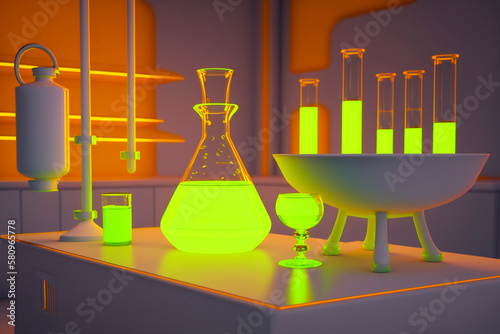 A dark lab room with a yellow light with a lab beaker filled with a yellow chemical reaction, generative ai