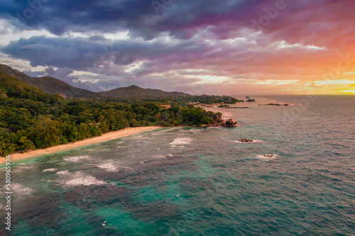 Aerial sunset view of Anse Severe Beach at the La Digue Island, Seychelles