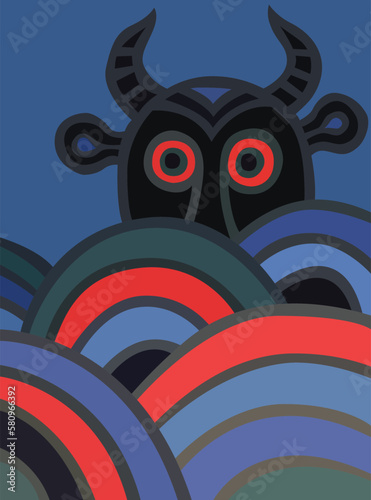 Devil with red eyes hiding behind waves of blue and red colored circles. Decorative geometric abstract illustration wall art poster of fear, hiding, evil, trouble, danger