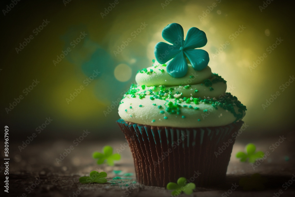 custom made wallpaper toronto digitalgreen cupcake with shamrock decoration, saint patrick's day, generative AI