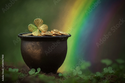 Wallpaper Mural pot of gold coins and shamrock at the end of the rainbow, Saint Patrick's Day, generative AI Torontodigital.ca