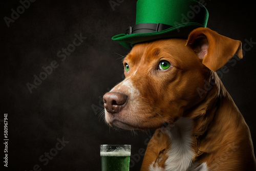 Wallpaper Mural dog with a green top hat and pint of beer, saint patrick's day, generative AI Torontodigital.ca