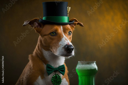 Wallpaper Mural dog with a green top hat and pint of beer, saint patrick's day, generative AI Torontodigital.ca