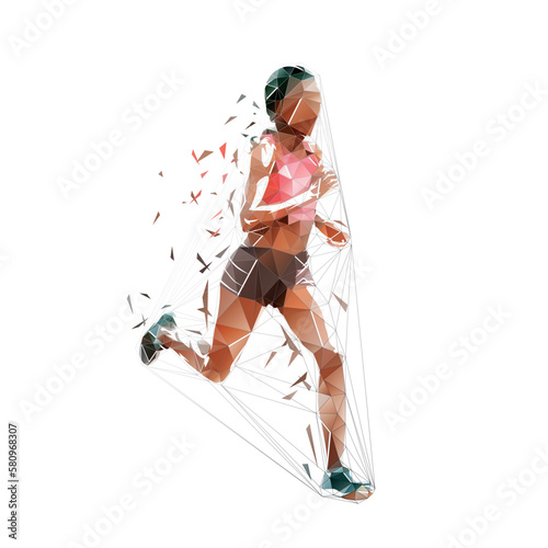 Running woman, side view. Abstract low poly isolated vector illustration. Geometric female marathon runner from triangles