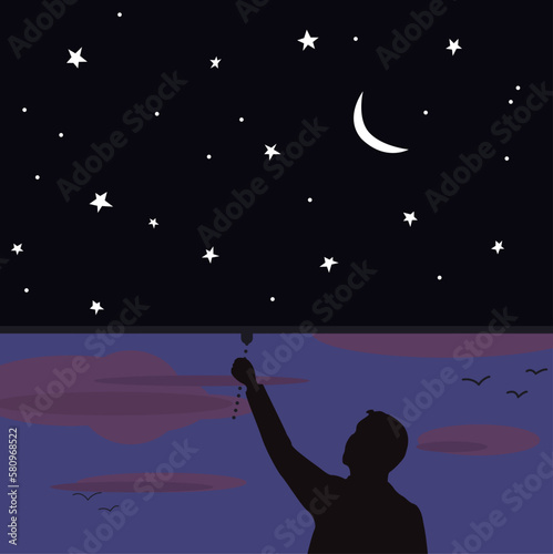 Illustration cartoon hand drawing person closing the curtain of night sunset crescent moon stars closing down as a curtain on cloudy skies good night