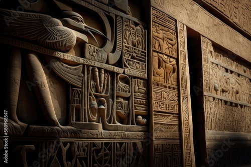 Ancient Egyptian temple's external walls have engravings in the form of hieroglyphs. Generative AI photo
