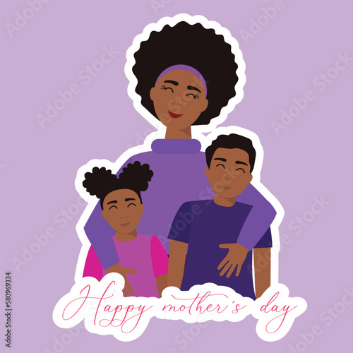 African mother with son and daughter. Woman and children are hugging. Happy Mother's Day. Vector illustraiton.