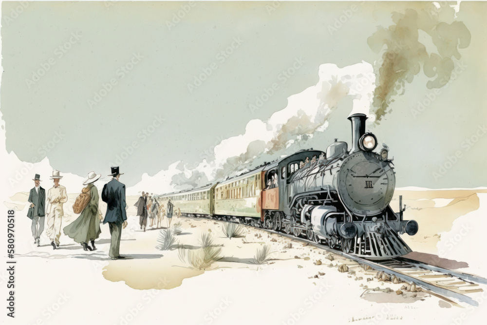 Obraz na plátně Steam locomotive and people, nostalgic scenery, Generative AI