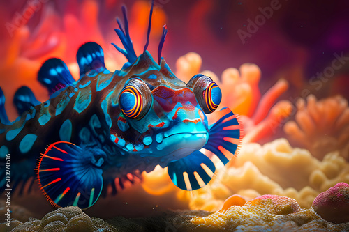 macro photo of the most beautiful and brightest fish, the brightest fish looks straight ahead, generative ai