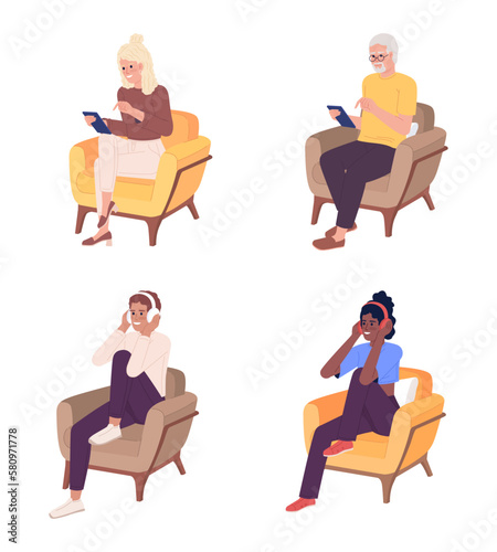 Fototapeta Naklejka Na Ścianę i Meble -  People with mobile phones and headphones semi flat color vector characters set. Editable full body figures on white. Simple cartoon style spot illustration for web graphic design and animation