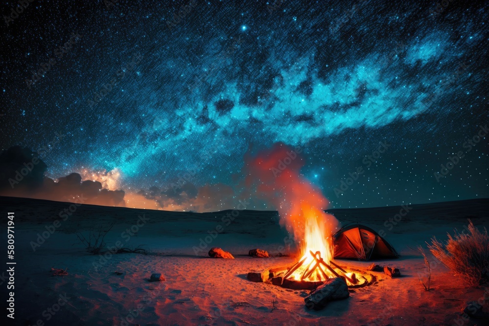 Camping fire under the amazing blue starry sky with a lot of shining stars and clouds. Travel recreational outdoor activity concept. Generative AI